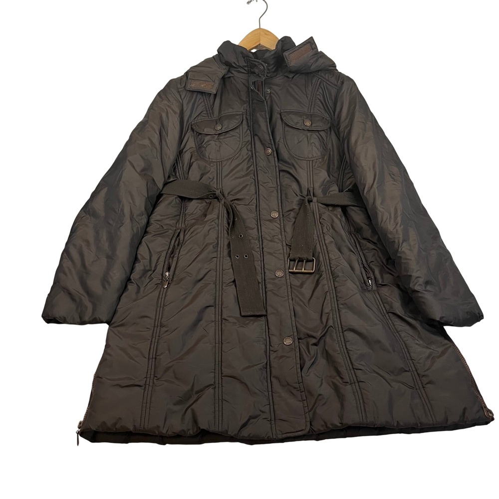 Womens Brown Quilted Belted Puffer Coat Hooded Mid-Length Parka Jacket 4678